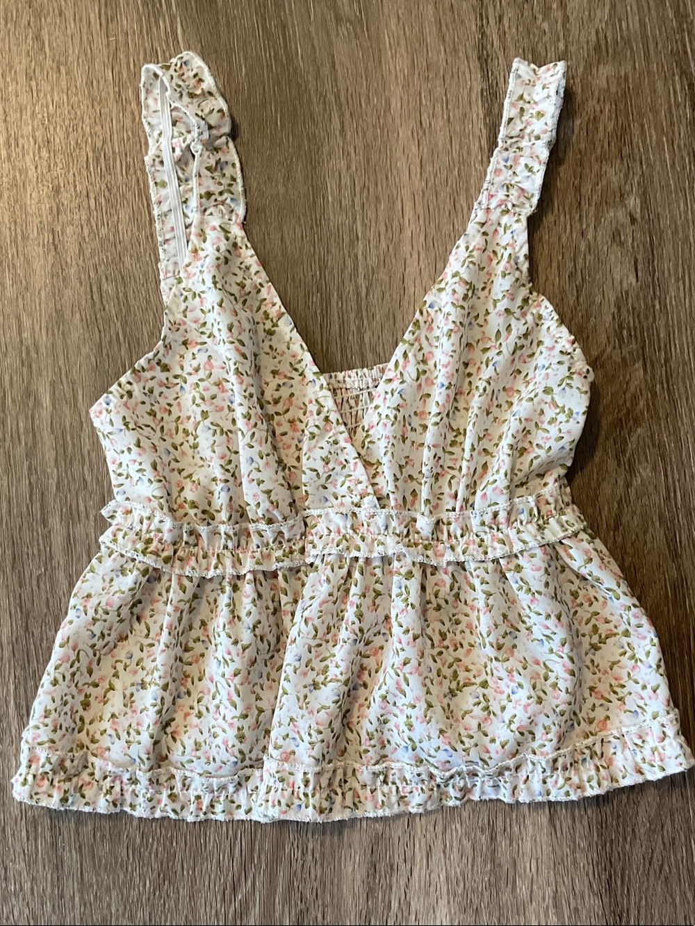 SHEIN White Floral Ruffle V-Neck Smocked Cami